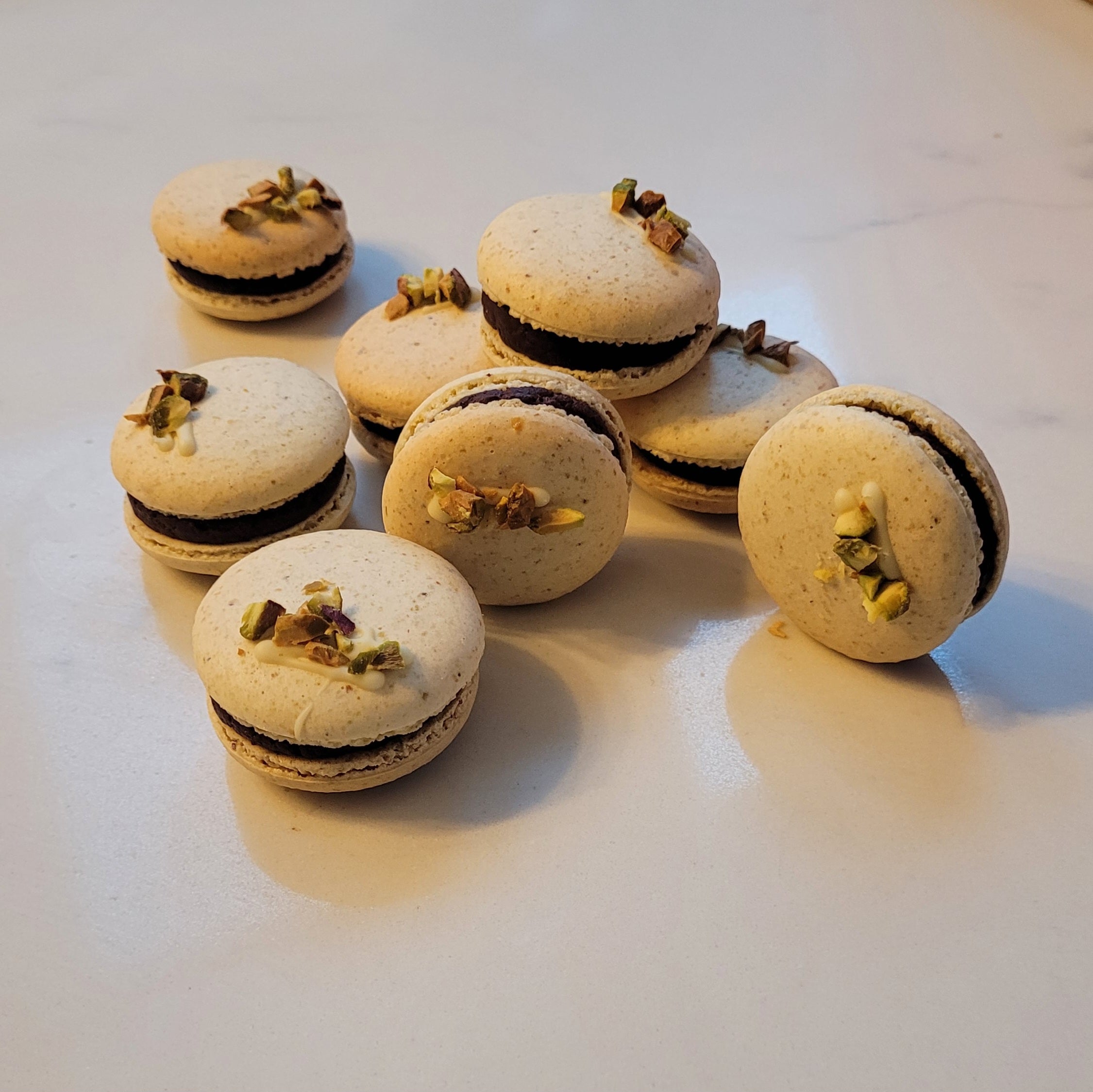 Pistachio and Dark Chocolate Macarons - box of 8